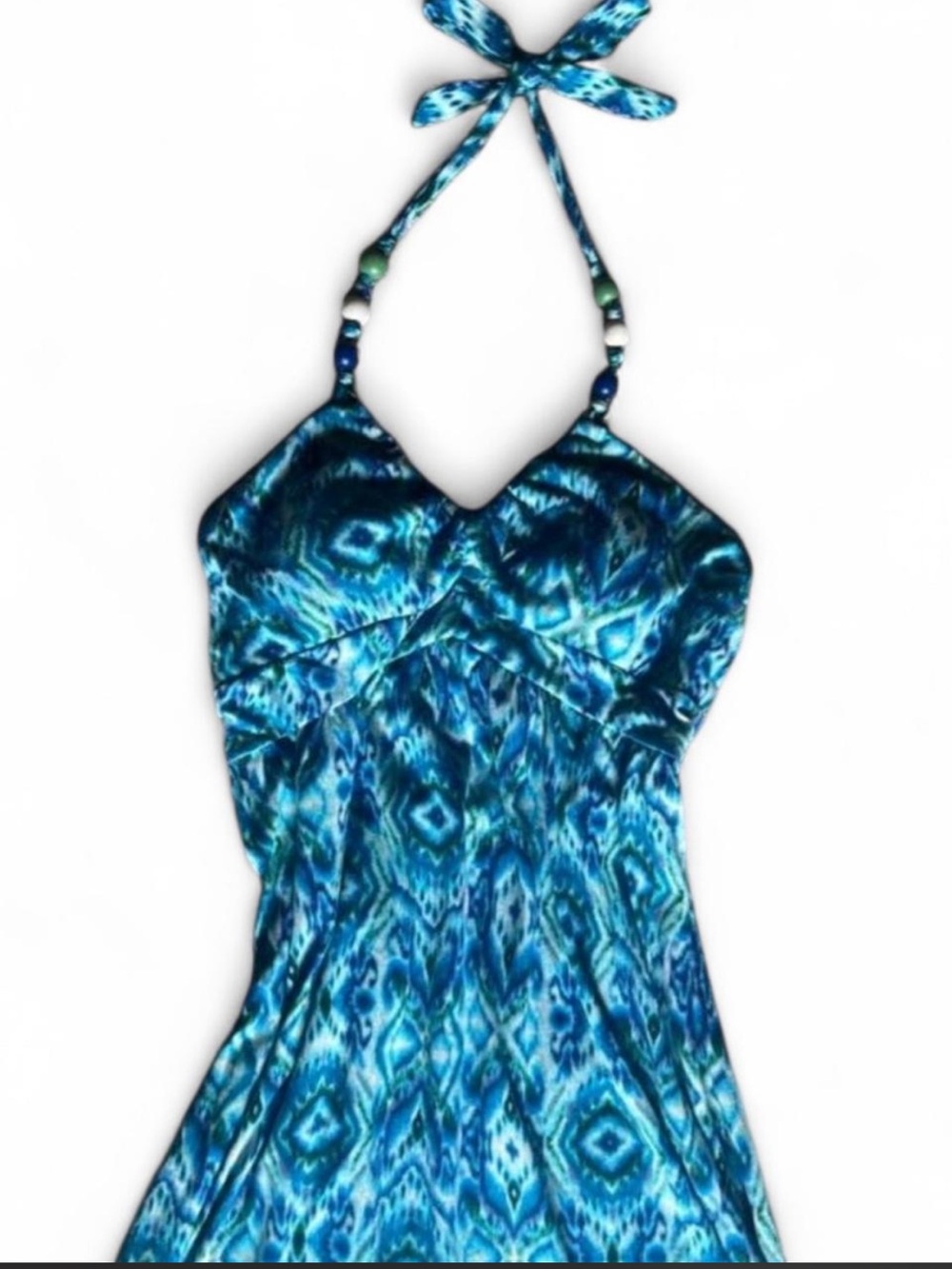 Blue & green geometric maxi sun dress with beaded halter straps & tie/open back